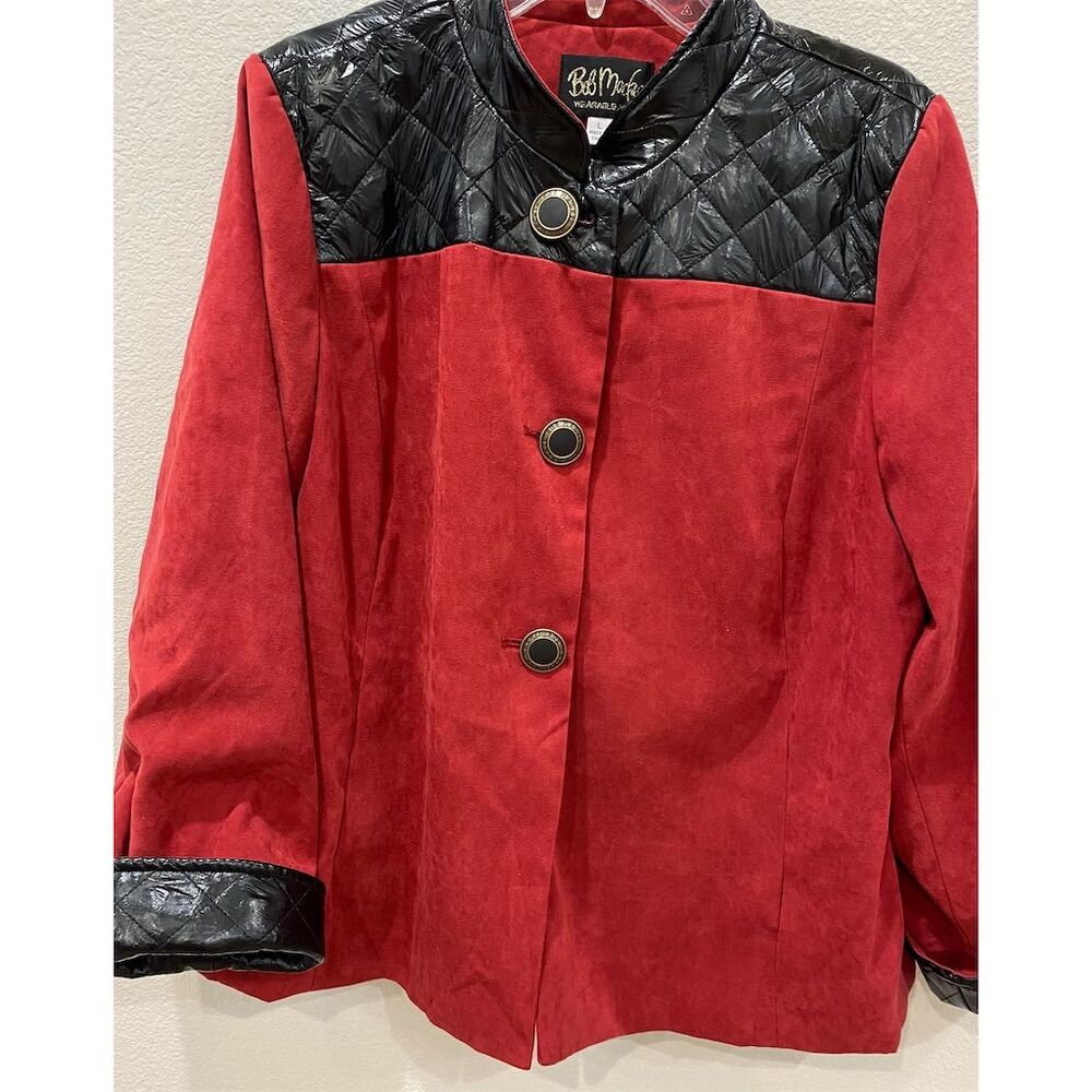 Bob Mackie Women's Red Jacket L with Black Leather Trim Casual Wear